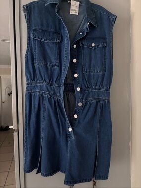 Dark Blue Denim Button-Front Sleeveless Dress